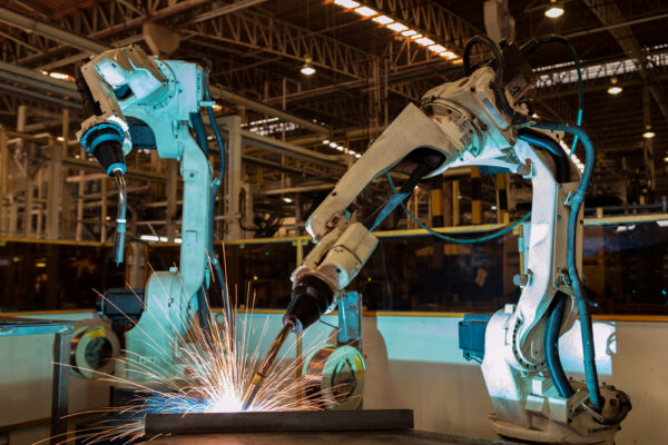 Two industrial robotic arms in an industrial setting with sparks flying.
